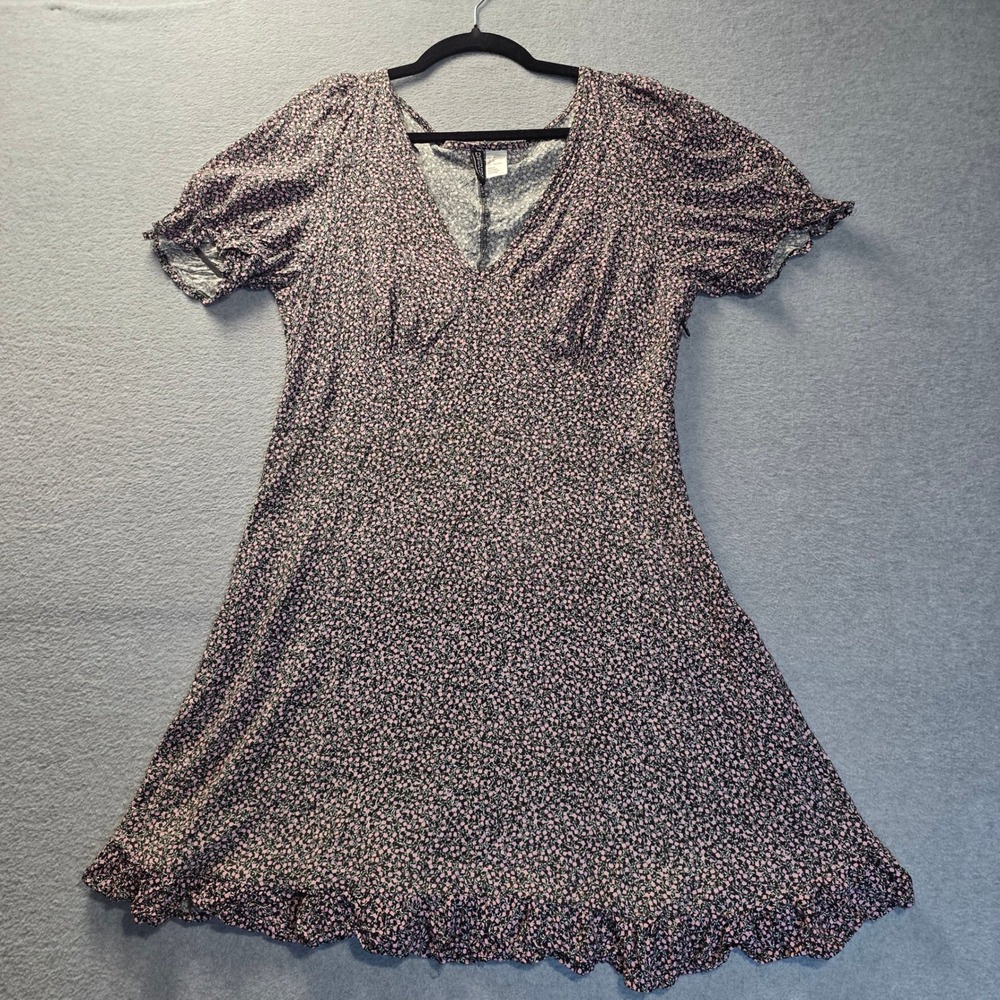 H&M Divided Floral Mini Dress Womens L Black Pink V Neck Fit Flare Ruffle Y2K